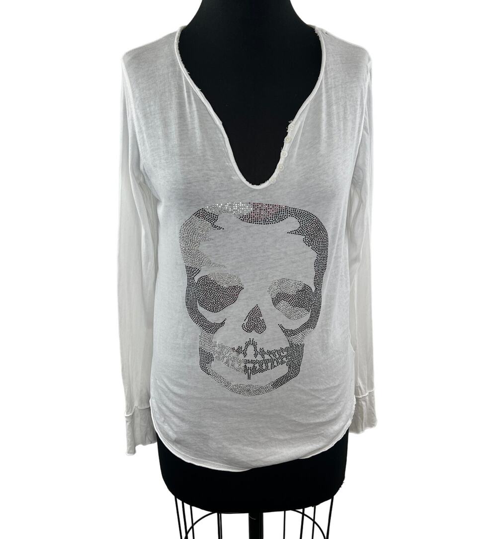Zadig & Voltaire Tunisien Purple Camo Skull Top White Cotton Long Sleeve Size M